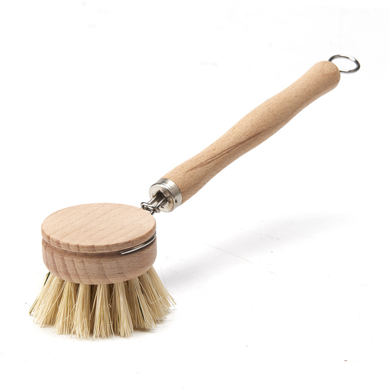 Hot-Selling Non-Stick Pan Kitchen Cleaning Brush with Long Beech Wood Handle, Replaceable Sisal Head Dish Brush, Sisal Material