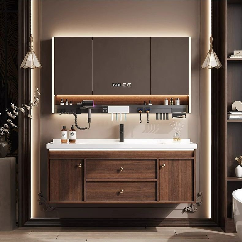 Ancient Style Chinese Walnut Bathroom Cabinet Integrated Ceramic Washbasin Hand Washing Combination Washbasin