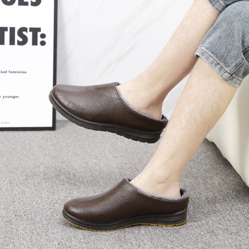 Leather Slippers Winter Household Thick-Soled Cotton Slippers Home Shoes Lightweight Non-Slip Comfortable Warm Mother's Shoes Pu Side Half Slippers