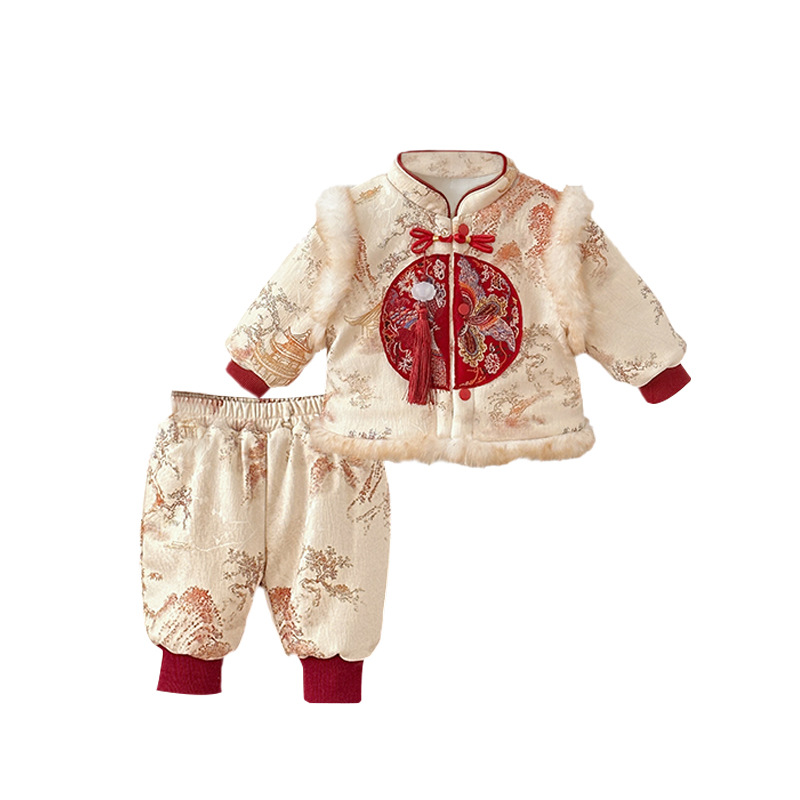 Infant and Toddler Clothes, Autumn and Winter Baby Cotton Clothes, One-Year-Old and 100-Day New Year's Greetings Clothes, Thickened Welfare Garden Landscape Painting Split Suit