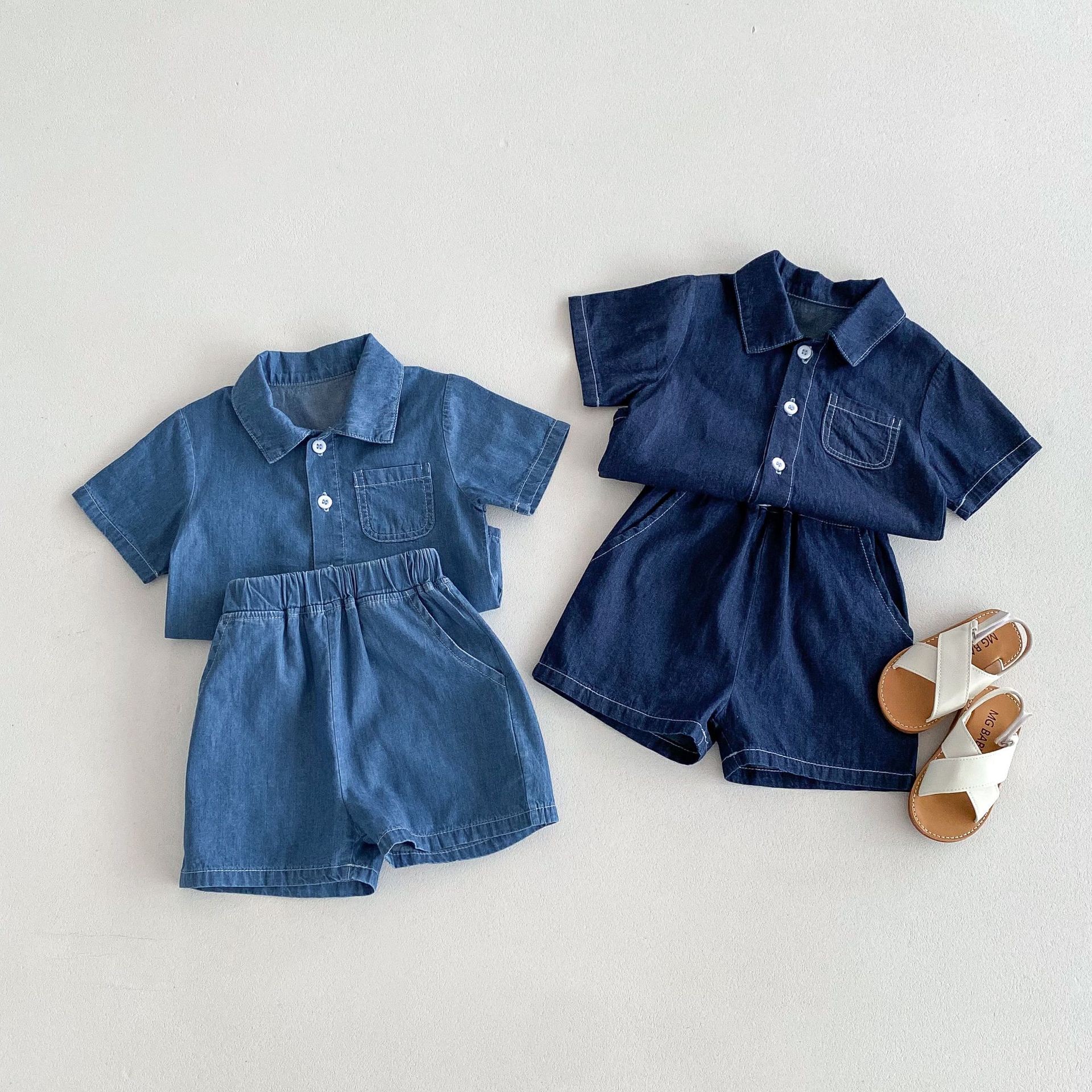 Летний новинка 2024, мужской и женский детский джинсовый кардиган корейского стиля, короткий рукав, шорты, джинсовый костюм