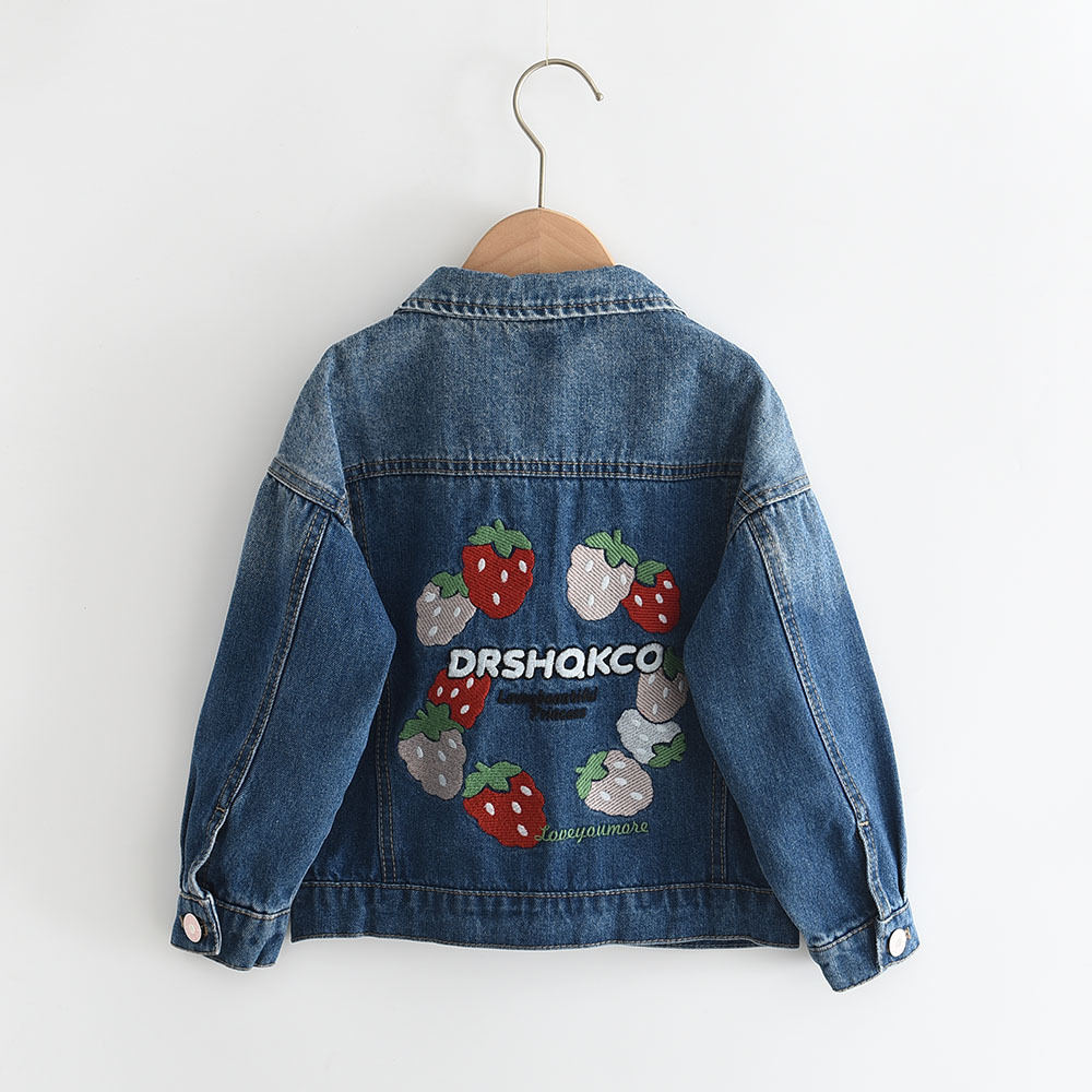 Girls' Long-Sleeved Denim Jacket with Strawberry Embroidery on the Back, Denim Jacket with Lapel, 2022 Autum New Style 0716-08