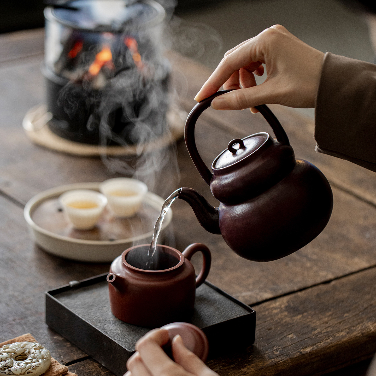 Japanese-Style Tea Brewing Charcoal Stove Tea Kettle Set for Outdoor and Indoor Use with Open Flame Tea Maker and Kettle Complete Set