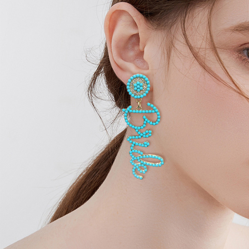 Cross-Border New Style Exaggerated Design with Rice Beads and English Letters Alloy Bridal Earrings Wedding Earrings Wholesale