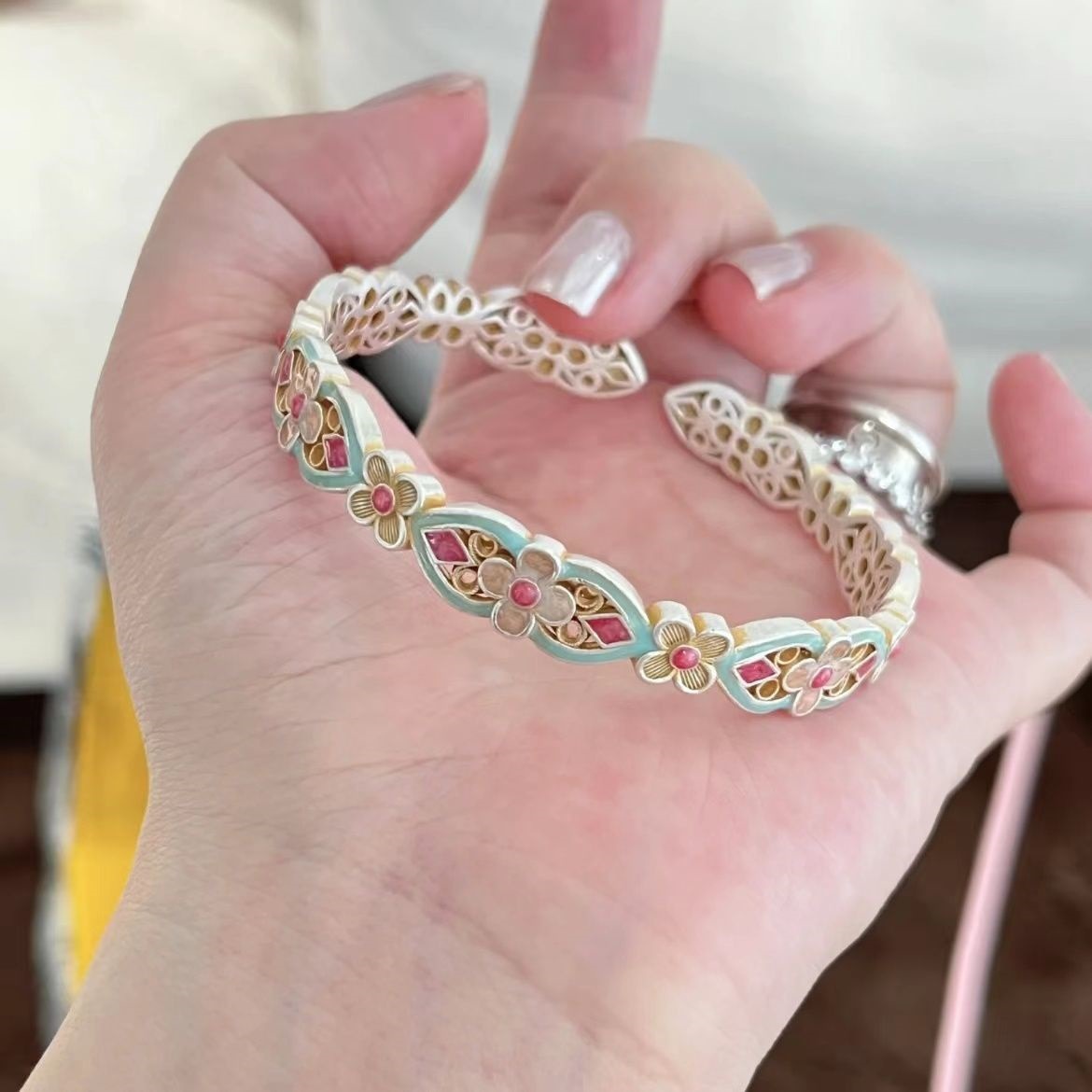 Sterling Silver Bracelet for Women 999 Pure Silver Enamel Bracelet Chinese Style Palace Retro Girlfriend Wife Gift Other