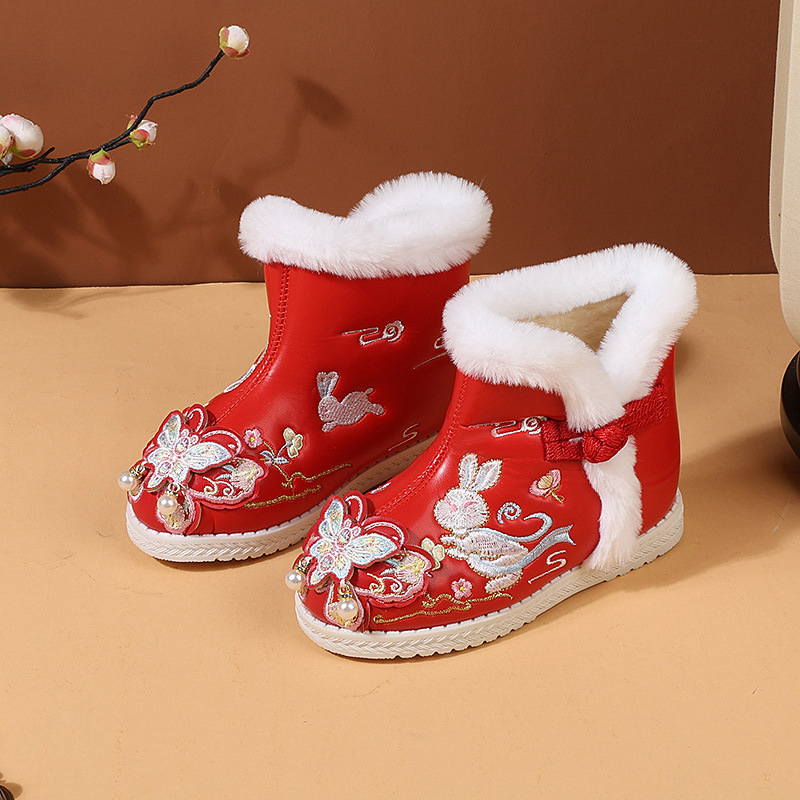 Girls' Embroidered Shoes fleece-lined Cotton Shoes Children's Hanfu Shoes Chinese Style Children's Snow Boots Waterproof Ancient Coat Cotton Shoes Trendy