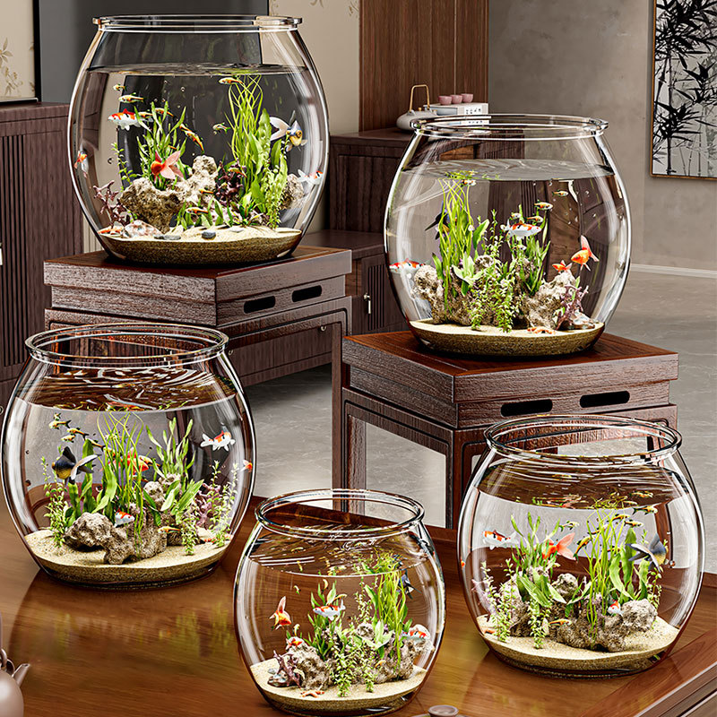 Round Fish Tank, Plastic One-Piece Design, Anti-Fall, Durable, High Transparency, Imitation Glass, Small Desktop Ecological Tank for Living Room