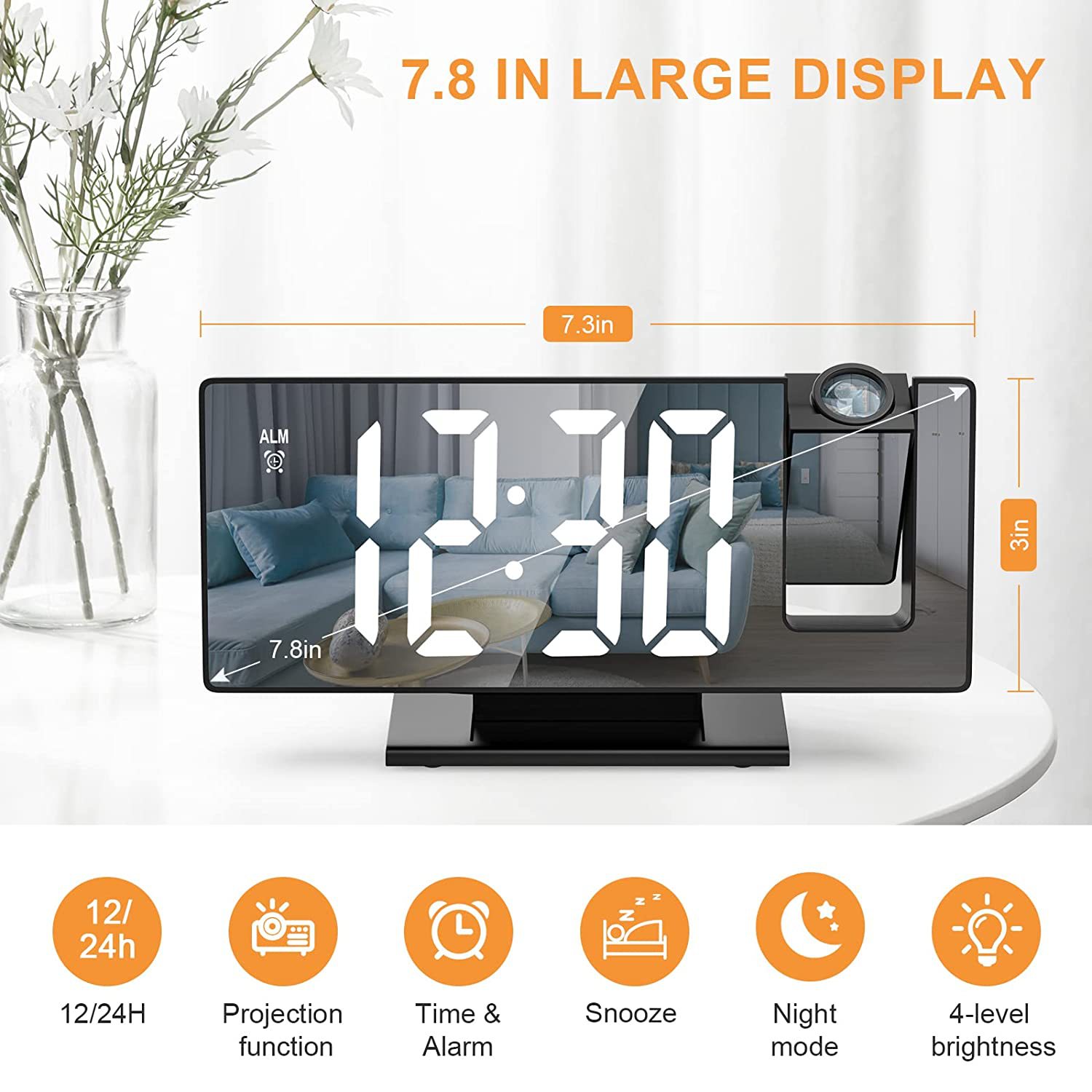 in stock projection alarm clock creative color screen mirror projection clock large screen display electronic digital snooze clock