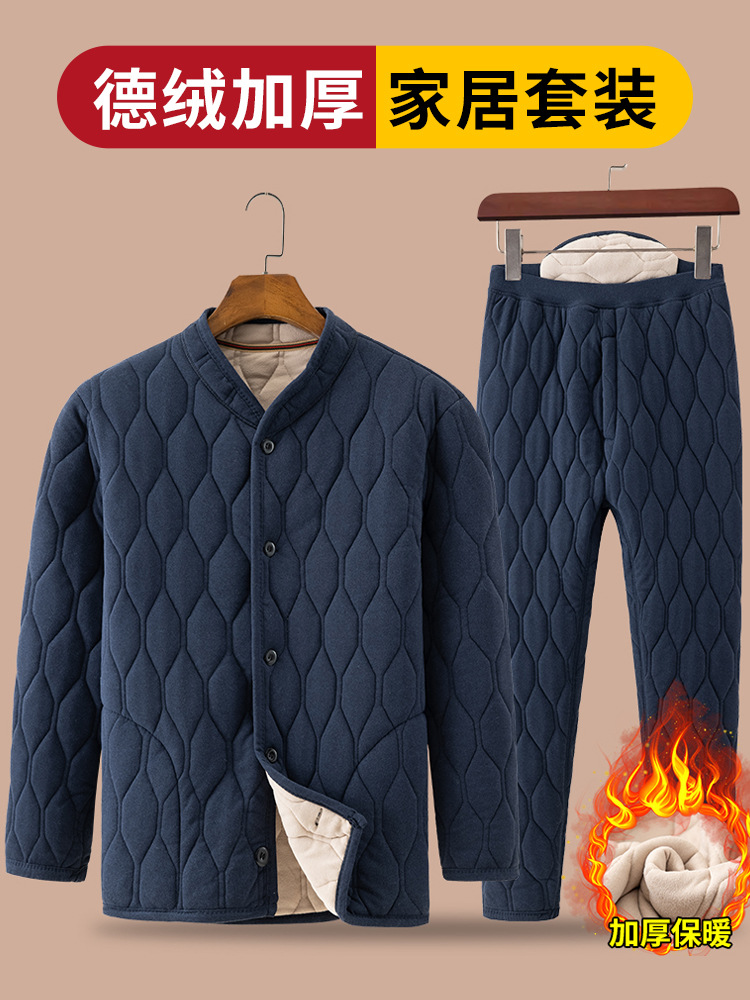 Winter Thickened Fleece-Lined Cotton Jacket and Pants Set for Middle-Aged and Elderly Men, Warm Home Wear for Grandpa and Dad