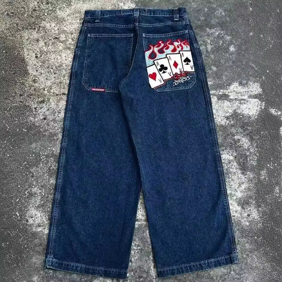 Cross-Border American Retro Loose Jeans for Men, Street Hip-Hop Print Trendy Versatile Harajuku Wide-Leg Pants Wholesale