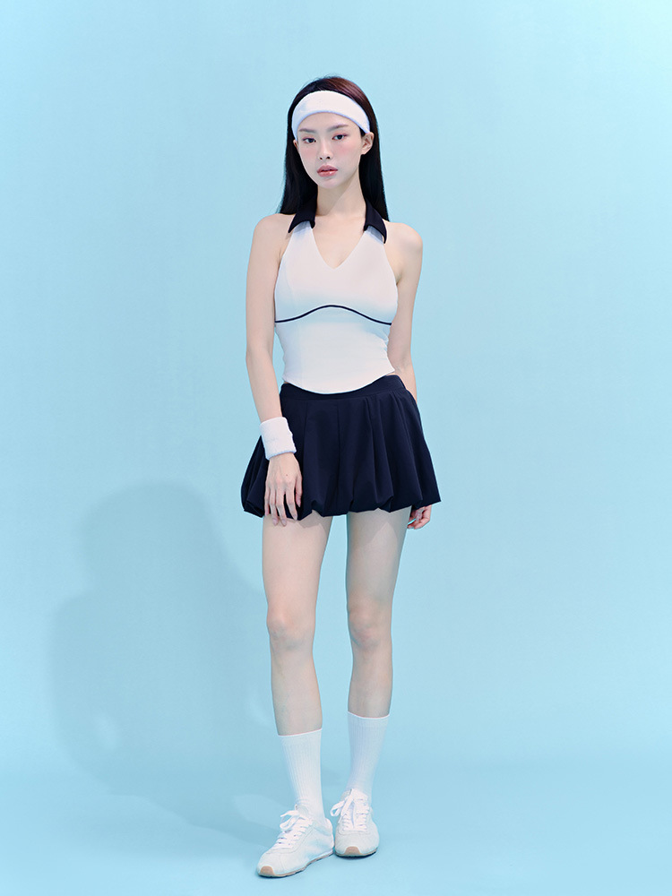 Cross-Border Lapel Contrasting Color Sports Halter Tennis Suit Women's Casual Running Anti-Exposure Vest Short Skirt Suit