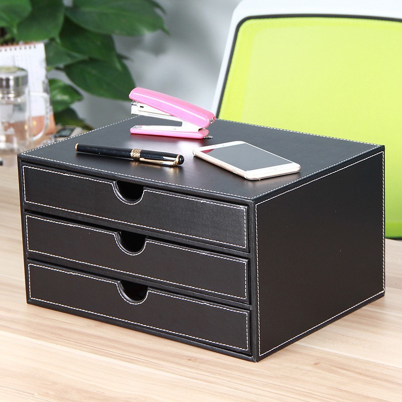 Creative Leather Storage Cabinet Bills Cabinet Organizer A4 Data Cabinet Leather Three-Layer Desktop Office Filing Cabinet