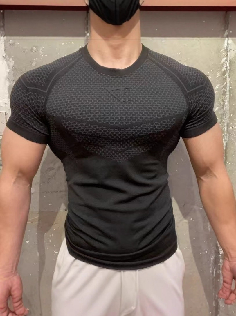 American-Style Muscle-Showing Sports Round-Neck Short-Sleeved Fitness Tops Training Tight-Fitting Summer Quick-Drying Elastic Slim Men's T-Shirt