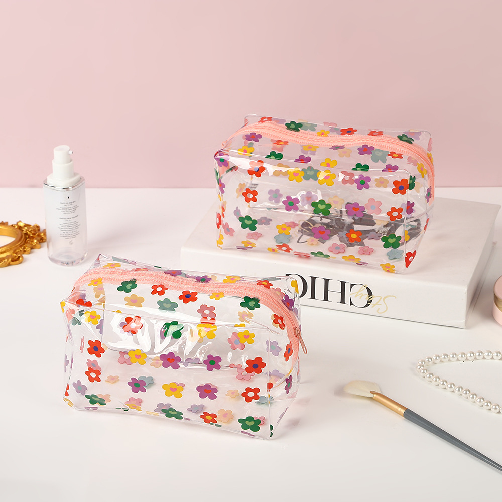 Korean Style Ins Style Color Flower Transparent Cosmetic Bag PVC Waterproof Toiletry Bag Large Capacity Portable Cosmetic Bag