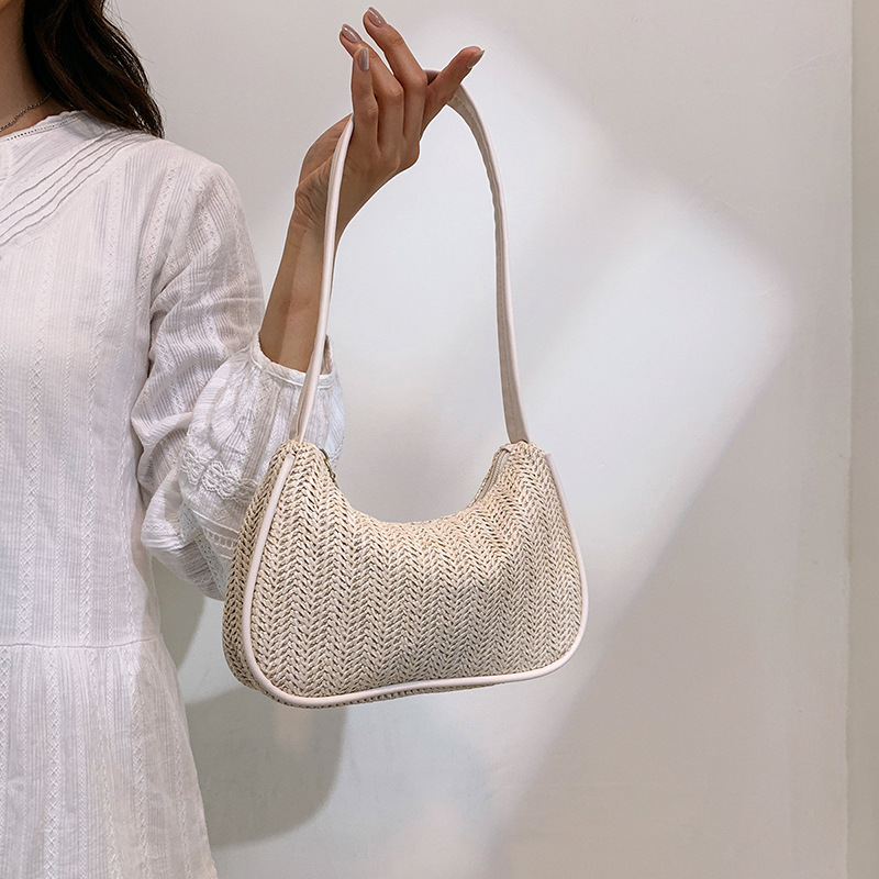 Summer Straw Bag Women's 2024 New Girl's Retro Contrast Color Handbag All-match Underarm Woven Bag Trendy