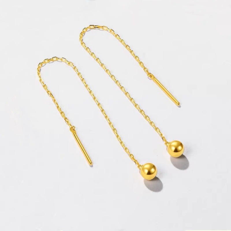 18K Gold Bead Earrings Au750 Colored Gold Simple Long Earrings for Pierced Ears, Bean Gold Earrings, Water Shell Gold