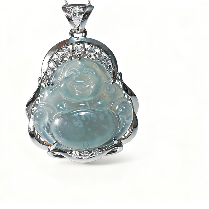Platinum Pt950 Cultivated Diamond Jade Smiling Buddha Inlaid Full Diamond Pendant