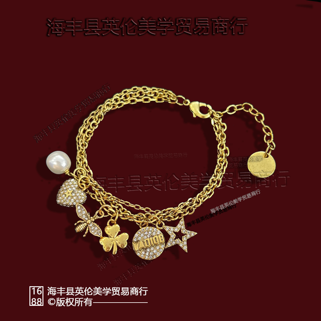 Did Home Letter Star Full Diamond Necklace Retro D Bee Earrings Multi-Layer Bracelet Brass Wholesale