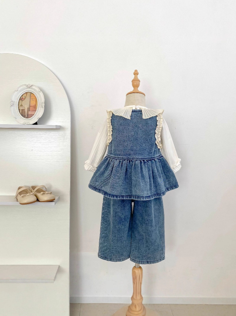 Children's Suit New Autum Korean Style Girls' Fashionable Long-Sleeved Denim Vest Skirt Casual Pants Two-Piece Set