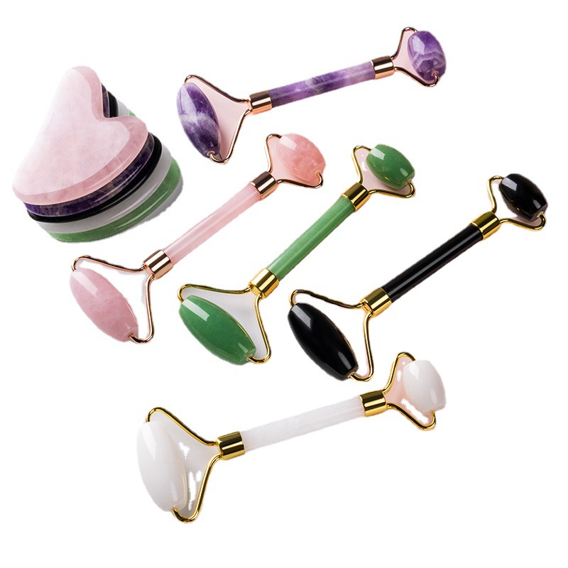 Cross-Border New Imitation Jade Double-Headed Roller Facial Massage Stick Manufacturer Direct Supply Beauty Set