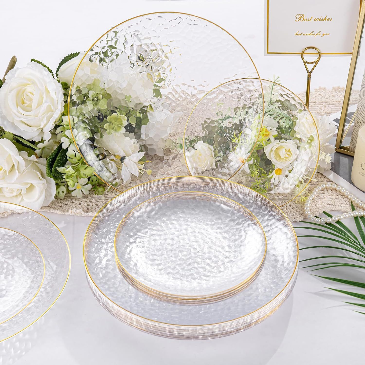 Cross-Border Supply of Plastic Disposable Tableware, Transparent Gold Plate, Hot Stamping Edge Stone Pattern, Transparent Plastic Plate Manufacturer Ready Stock
