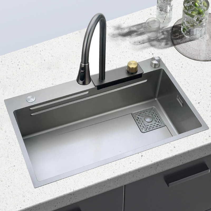 Fully Equipped 304 Stainless Steel Sink Kitchen Sink Raindance Pull-Out Waterfall Faucet Integrated Large Single Sink Sink