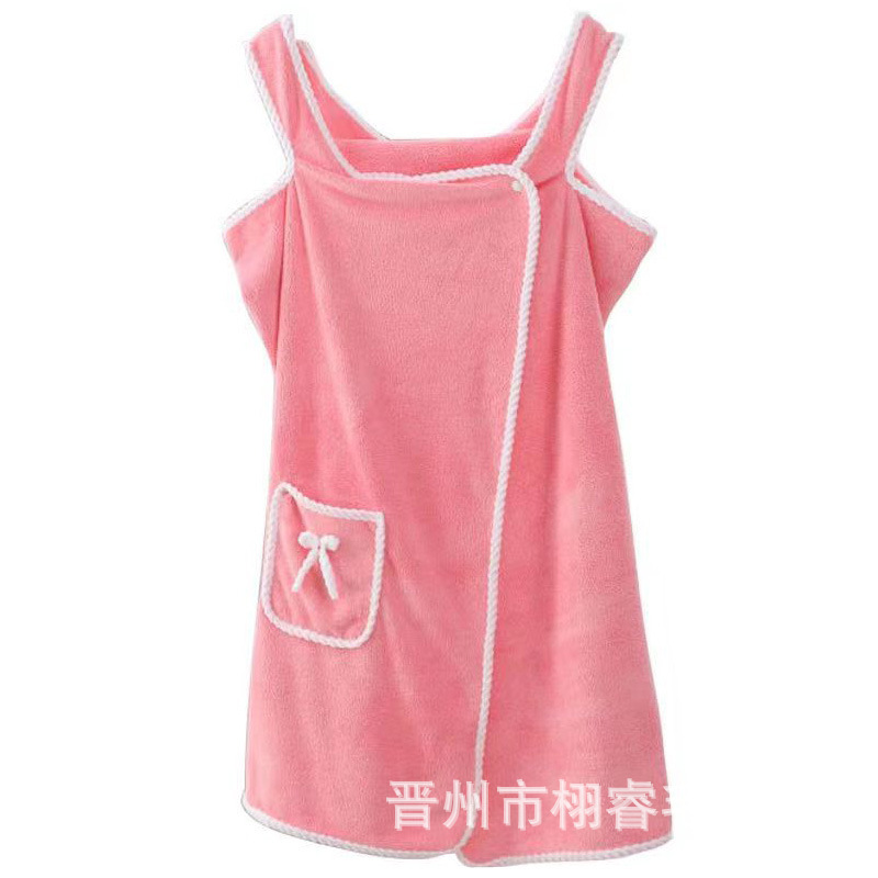 Coral Fleece Bath Skirt for Adults, Soft and Thick, Absorbent Bath Towel with Bow, Pocket, Short Sleeves, Can Be Worn as a Strapless Quick-Drying Bathrobe