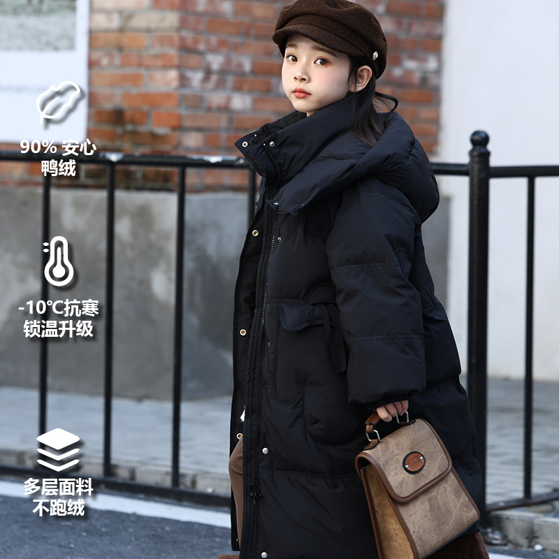 2024 New Children's down Jacket for Girls, Mid-Length Stylish Over-The-Knee Windproof Hooded Coat for Older Children