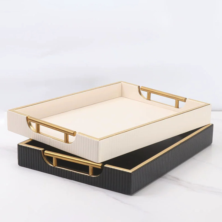 Black Pu Leather Tray for Home Hotel Tea and Sundries with Handle Storage Box Factory Wholesale with Printed Logo