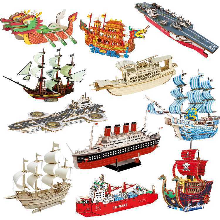 Wooden Aircraft Carrier Three-Dimensional Puzzle Toy Includes Several Sailboat Assembly Experience Model Ships