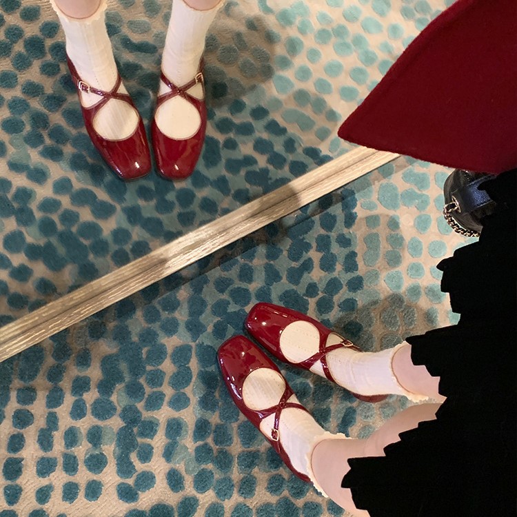 N2-1 Su Yinyin Same-style Ballie Daughter ~ Square Head Cross Buckle Flat Mary Single-layer Shoes Women's Banquet Shoes Wedding Shoes