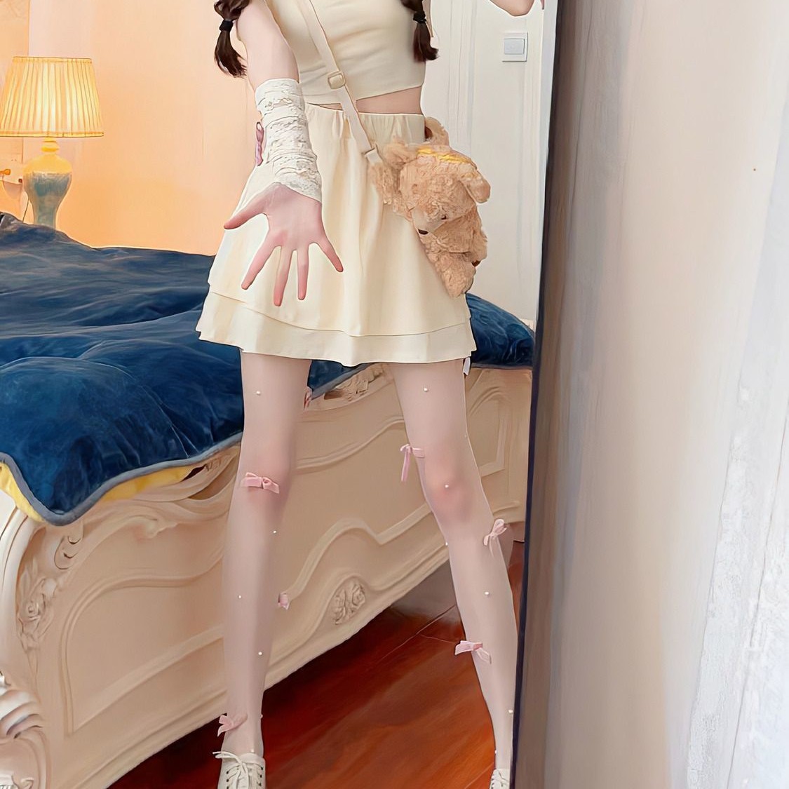 Lolita Sweet Sexy Pure Desire White Stockings Women's Ballet Style Bow Pearl Mary Jane Lace Stockings Women