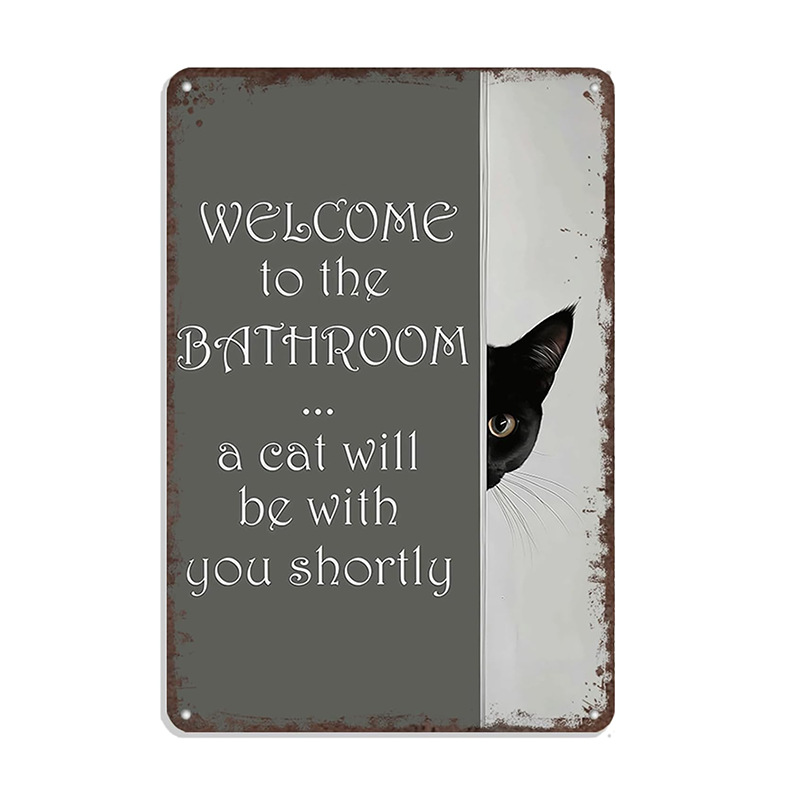 Cross-Border New Retro Black and White Cat Wall Decoration Metal Tin Sign Interesting Dog Bathroom Metal Sign