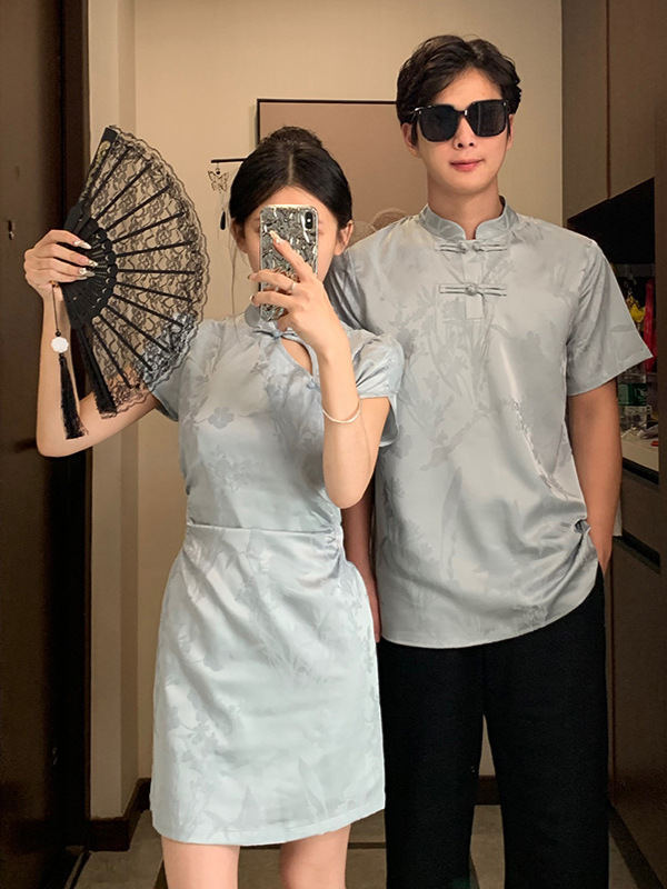 New Chinese-Style Freesia Couple Outfit, National Style Improved Jacquard One-Piece Dress, Short Waist-Cinching Stand-Collar Cheongsam Dress