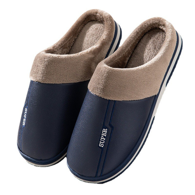 Winter Extra Large Size Cotton Slippers Men's Pu Leather Slippers Waterproof Thick-Soled Home Indoor Non-Slip Warm Shoes 47 48 49