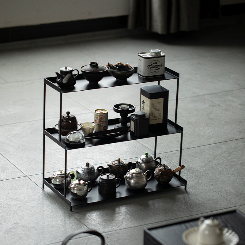 Wrought Iron Solid Wood Three-Layer Trapezoidal Tea Shed Tea Set Teapot Storage Display Cabinet Cup Holder Storage Rack Tea Set Rack