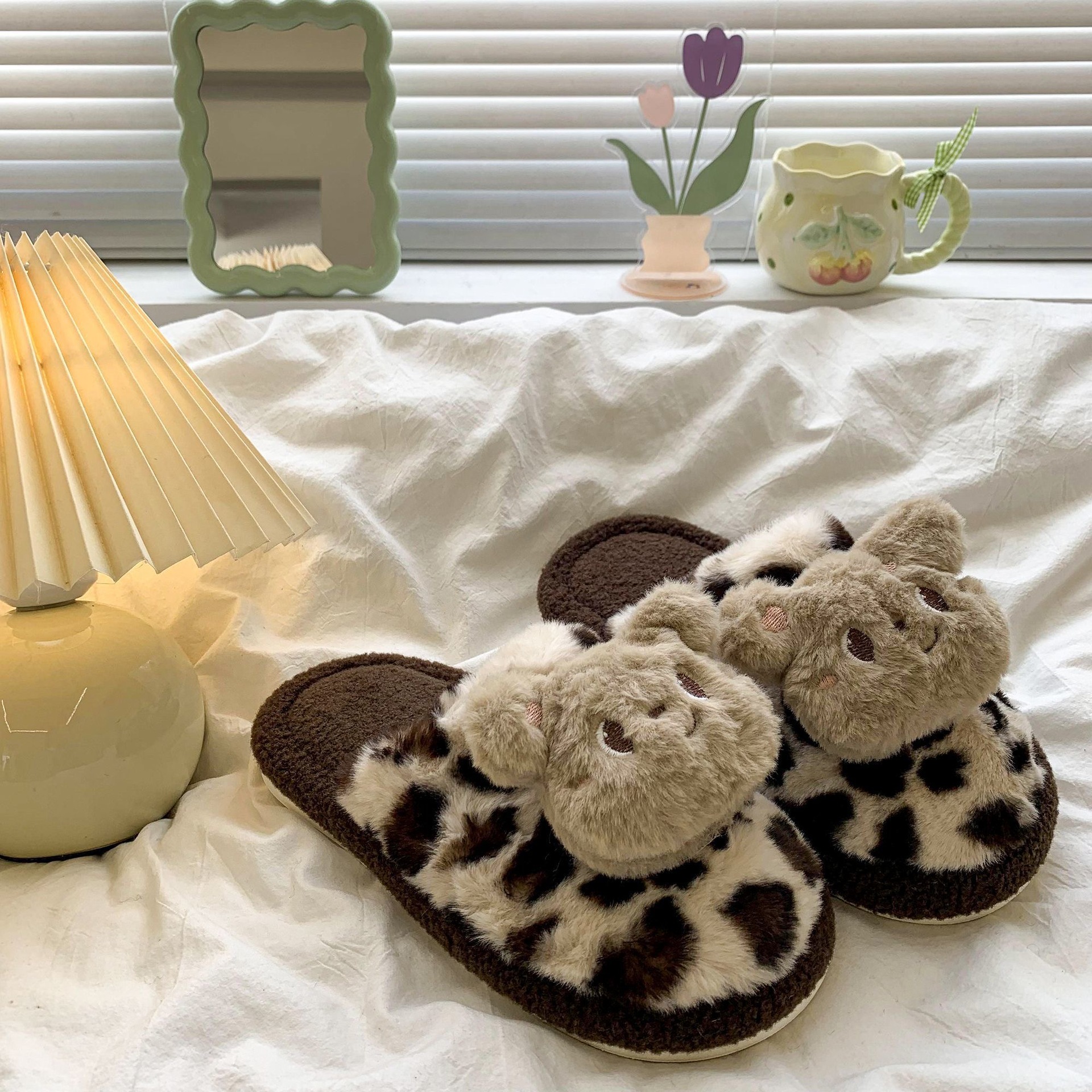 Cute Leopard Print Furry Slippers for Women 2025 Autumn and Winter New Style Fleece-Lined Warm Home Non-Slip Non-Stinky Cotton Slippers