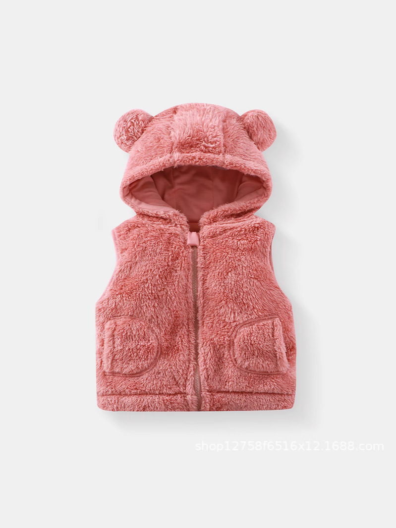 Children's Vest Autumn and Winter New Plush Hooded Zipper Half Bear Outer Wear Inner Wear Sleeveless Jacket Home Top