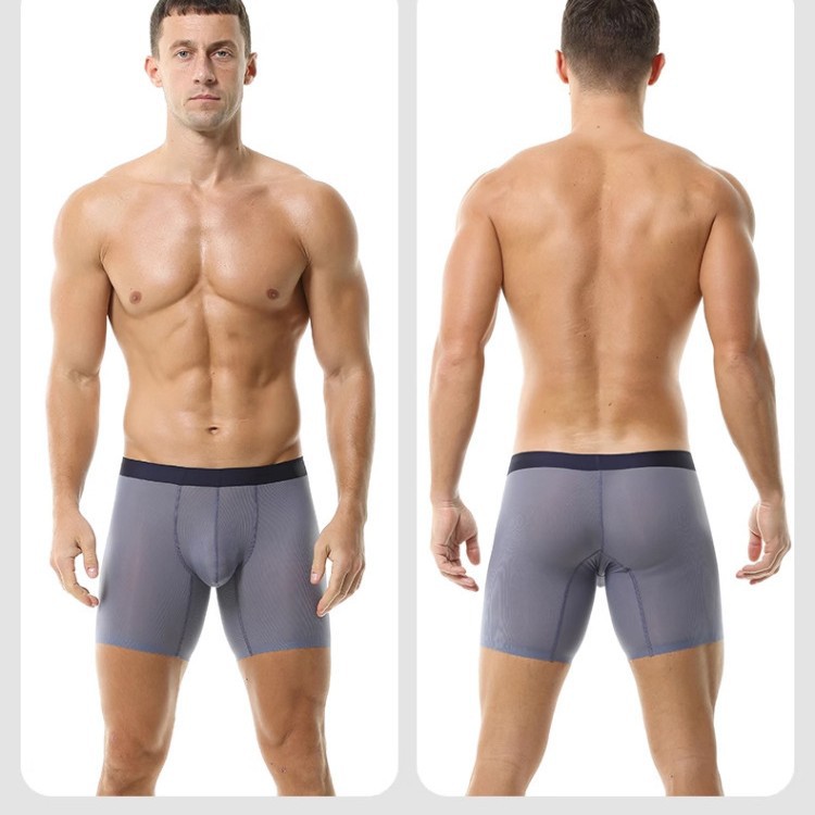 2025 New Men's Ice Silk Ribbed Boxer Briefs Translucent Thin High Elastic Seamless Imitation Leg Grinding Large Size Antibacterial Crotch