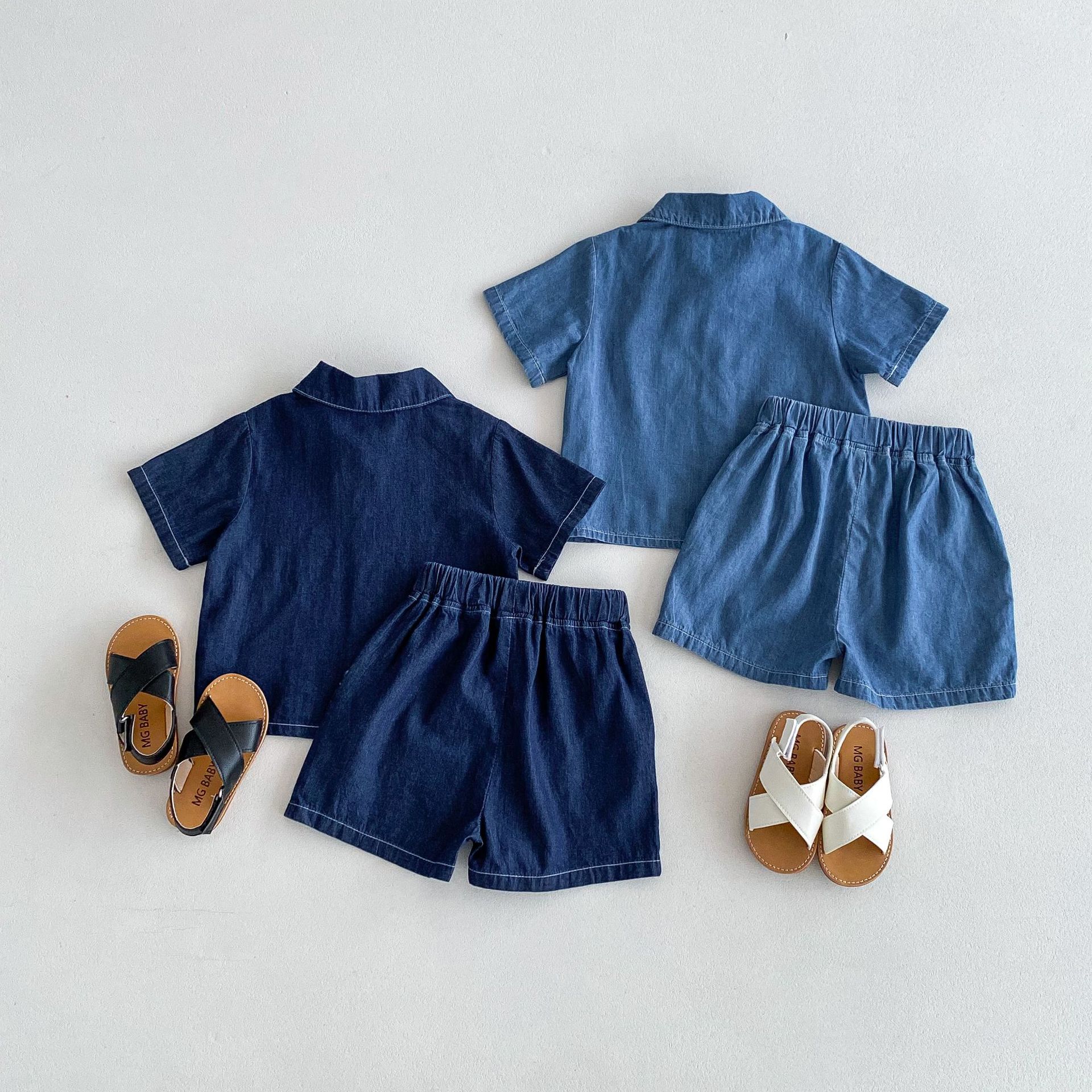 Summer 2024 New Arrival Men's and Women's Children's Korean Style Denim Cool Thin Cardigan Short Sleeve Shorts Denim Suit