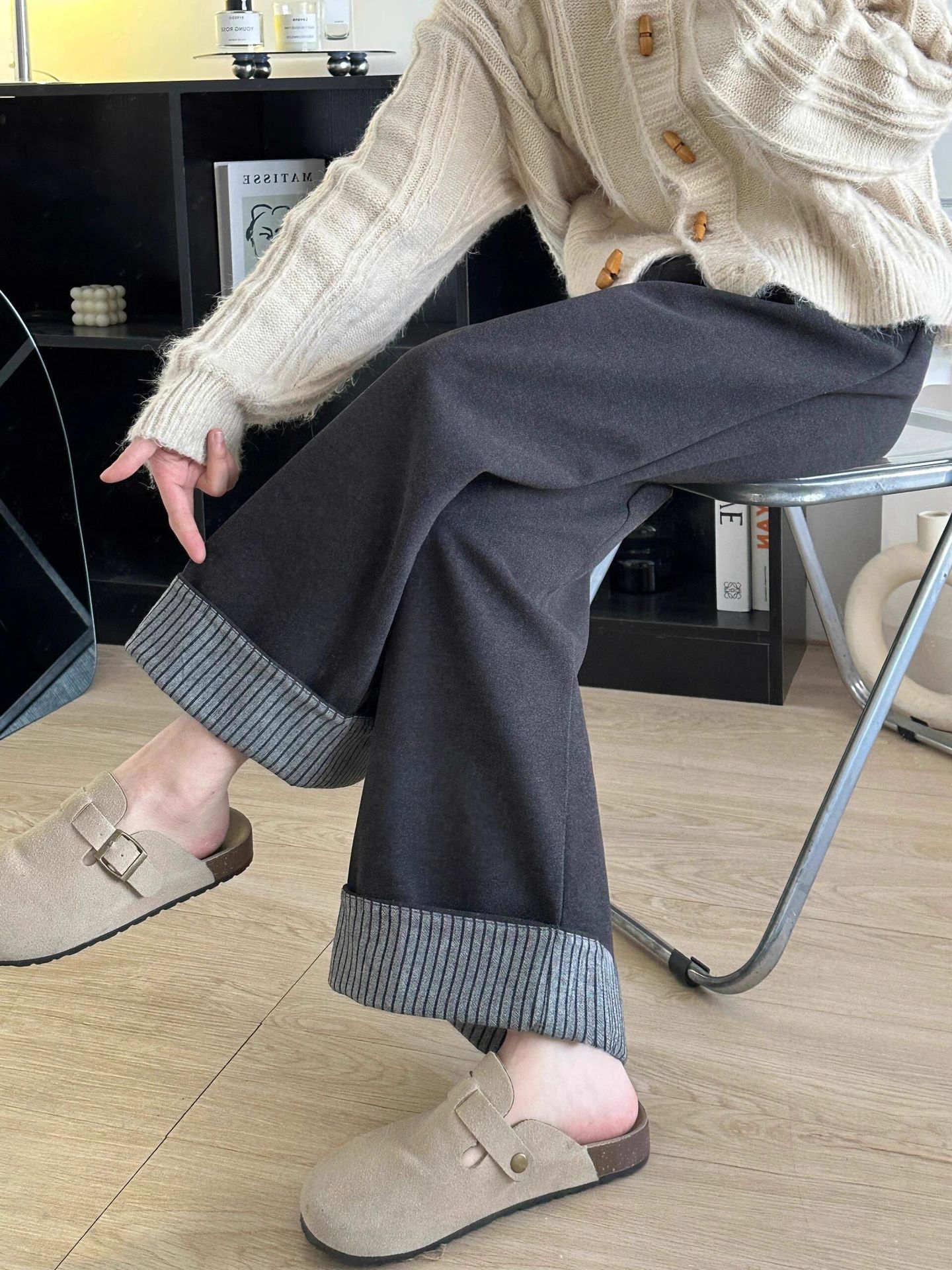 Pear-Shaped Figure Dark Gray Woolen Casual Pants for Women in Autumn and Winter Fleece-Lined for Fat Girls mm High-Waisted Loose Slimming Look Wide-Leg Pants