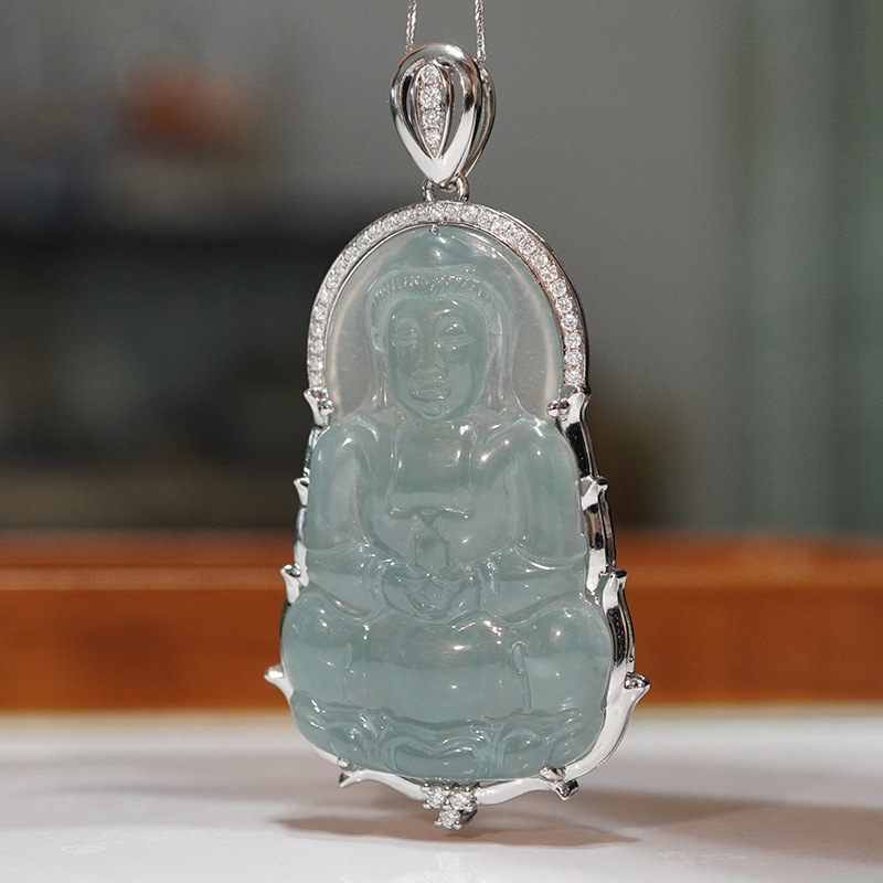 Подвеска из платины Pt950 с культивированным бриллиантом, нефритовая Гуаньинь, инкрустированная полным бриллиантом