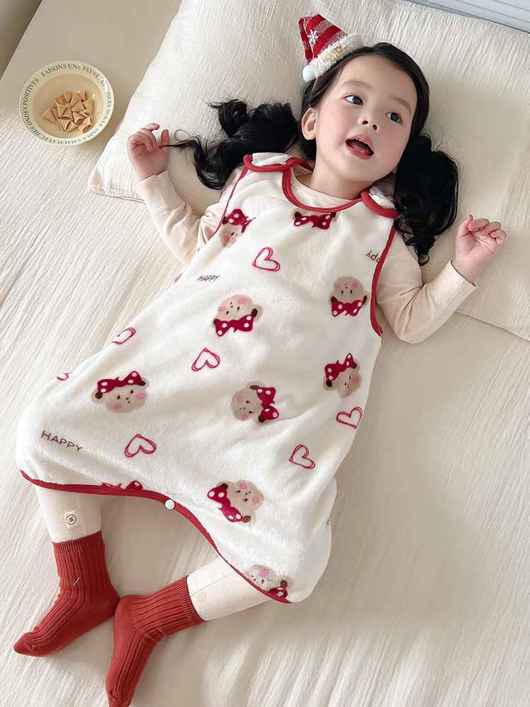 Autumn and winter baby flannel sleeping bag children's Four Seasons thick split-leg sleeping bag boys and girls cartoon homewear jumpsuit