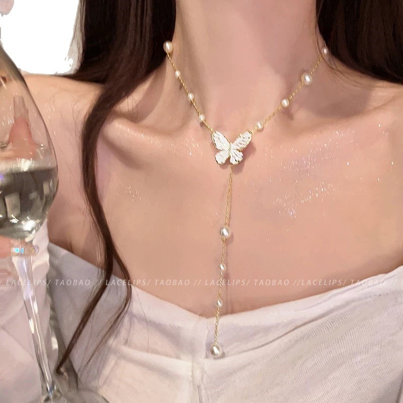 Piandie Story ~ French Fragrance Butterfly Pearl Pendant Necklace Tassel Women Choker Neck Necklace Accessories