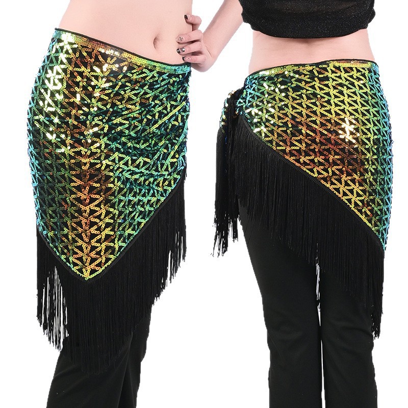 Cross-Border Popular Belly Dance Waist Chain, Indian Dance Sexy Sequin Tassel Hip Scarf, Oriental Dance Triangle Scarf Waist Decoration