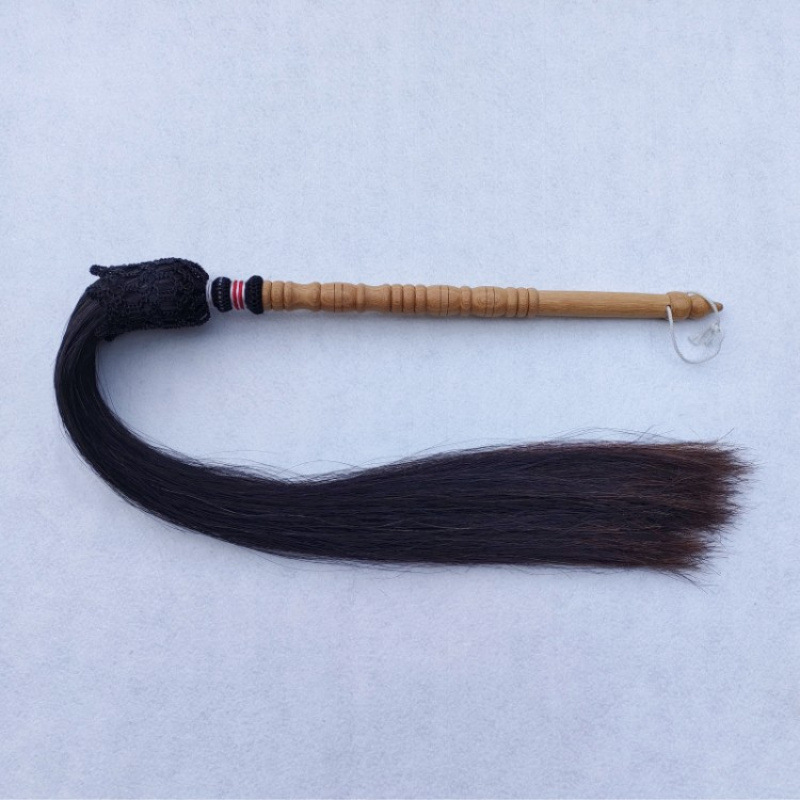 Peach Wood Handle Real Horsetail Whisk, Coffee Black Tai Chi Whisk, Handmade Martial Arts Whisk, Fitness Whisk, Whip