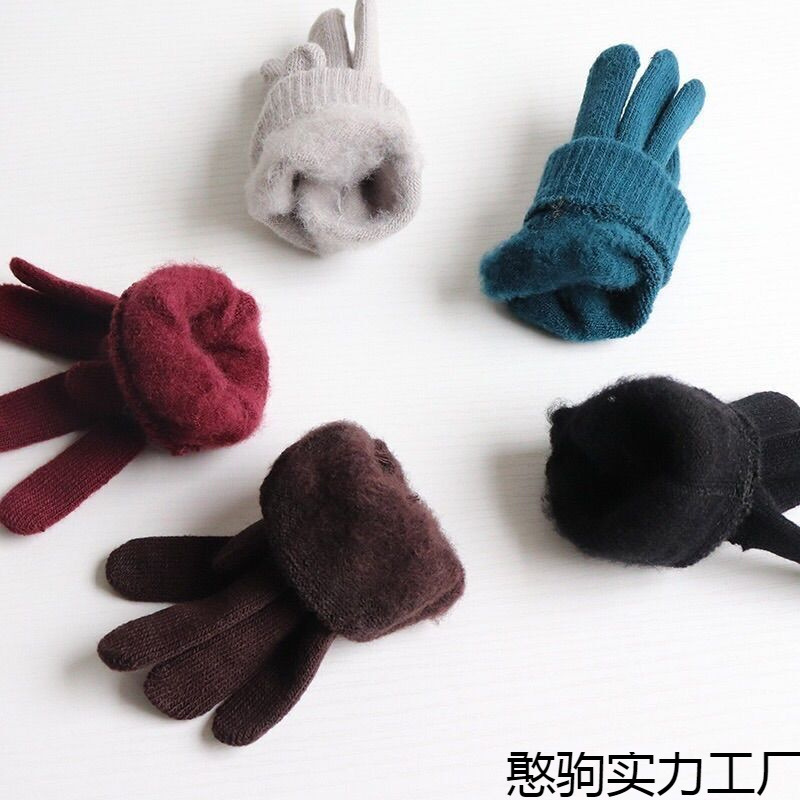 Gloves for Cold Protection, Men's Autumn and Winter Gloves, Cycling Ladies' Collection, Warm Pure Color Knitted Thickeneded Students' Plus Plush Yarn