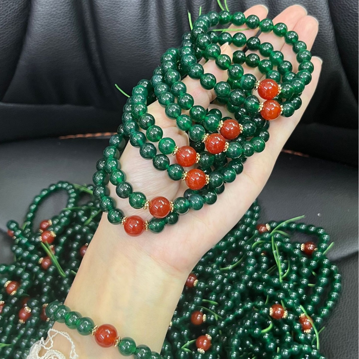 Natural Green Agate Bracelet Chalcedony with Red Agate Women's Bracelet Little Red Book Online Celebrality Live Welfare Original Design