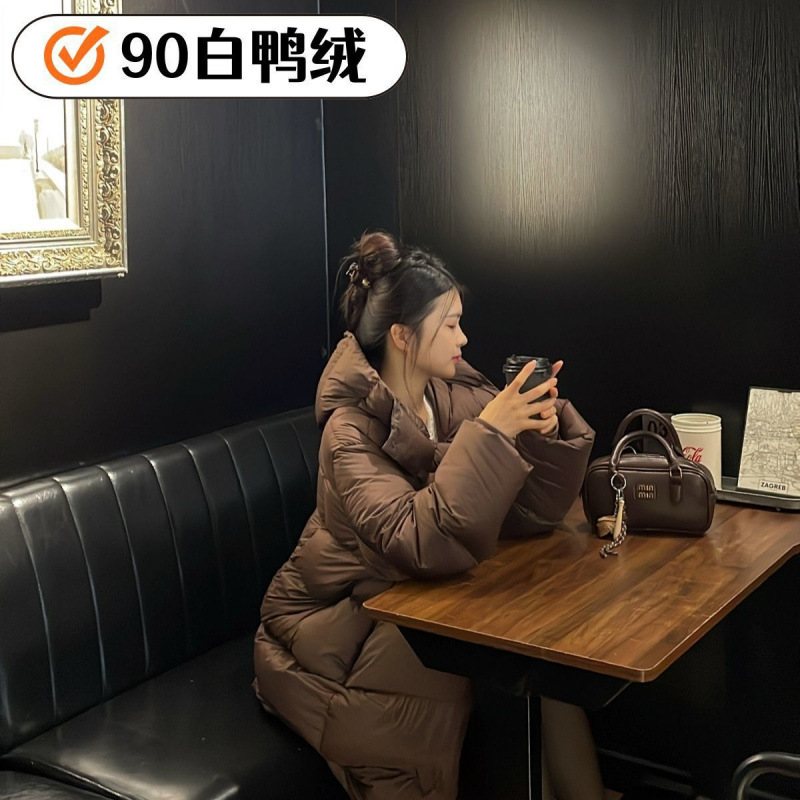 New Cocoon-Shaped Cloud Puff down Jacket for Women, Mid-Length Over-The-Knee Hooded Loose Korean Style White Duck down Jacket Trendy