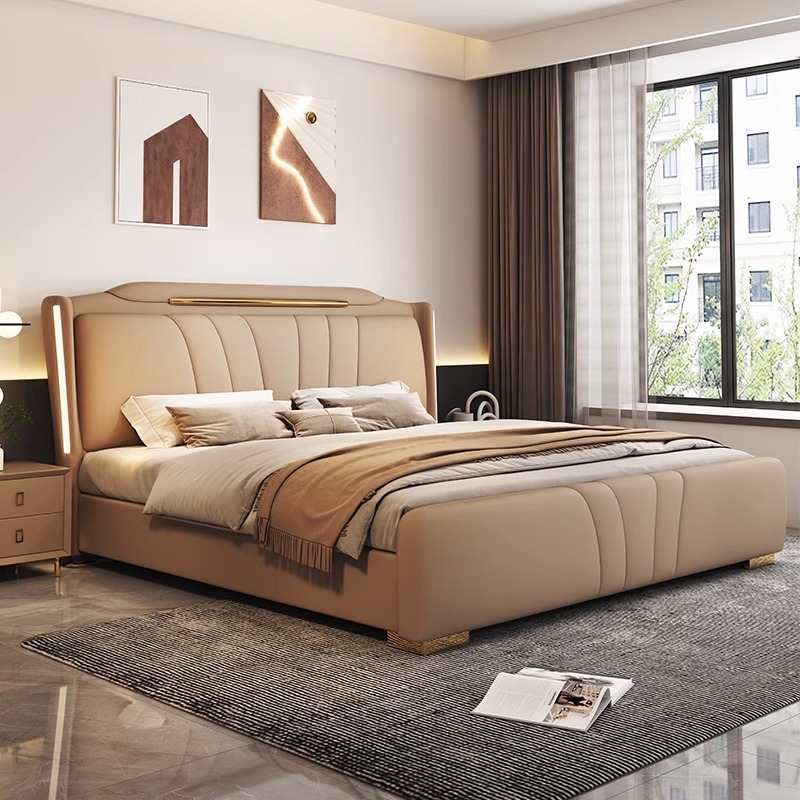 Modern High-End Upholstered Bed, Simple and Stylish Master Bedroom Double Bed with Multifunctional Storage, 1.8m Leather Bed Drawers for Wedding